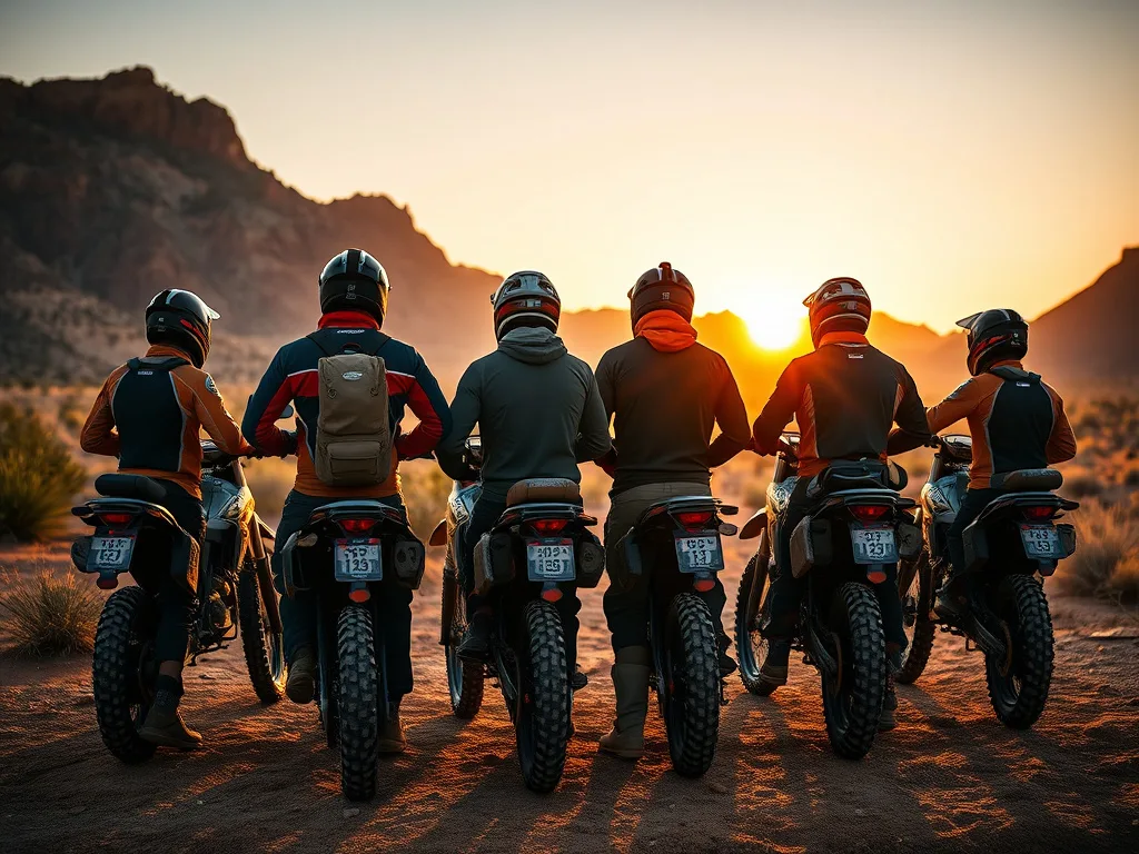 Crew of experienced dirt bike guides standing with their bikes in the Arizona desert at golden hour