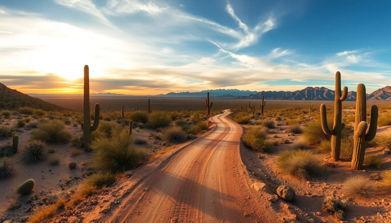 Sweeping Arizona Sonoran desert with a dirt trail winding toward distant mountains at golden hour