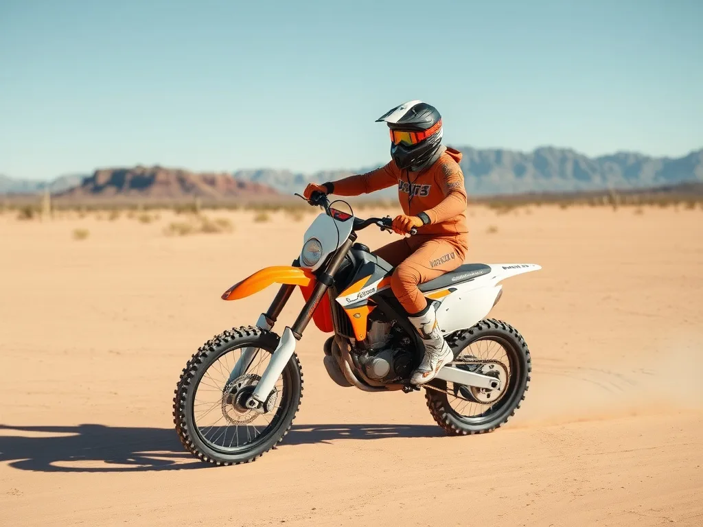 Beginner dirt bike rider practicing on open desert in Arizona
