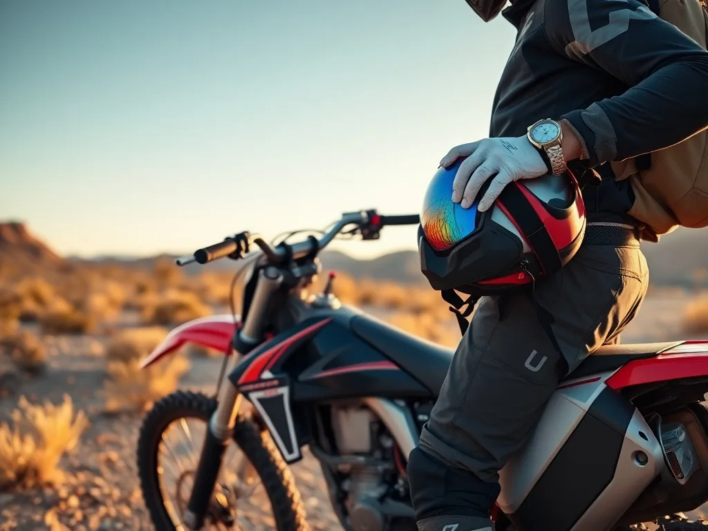 Dirt bike rider gearing up and packing a hydration pack beside their bike in the Arizona desert