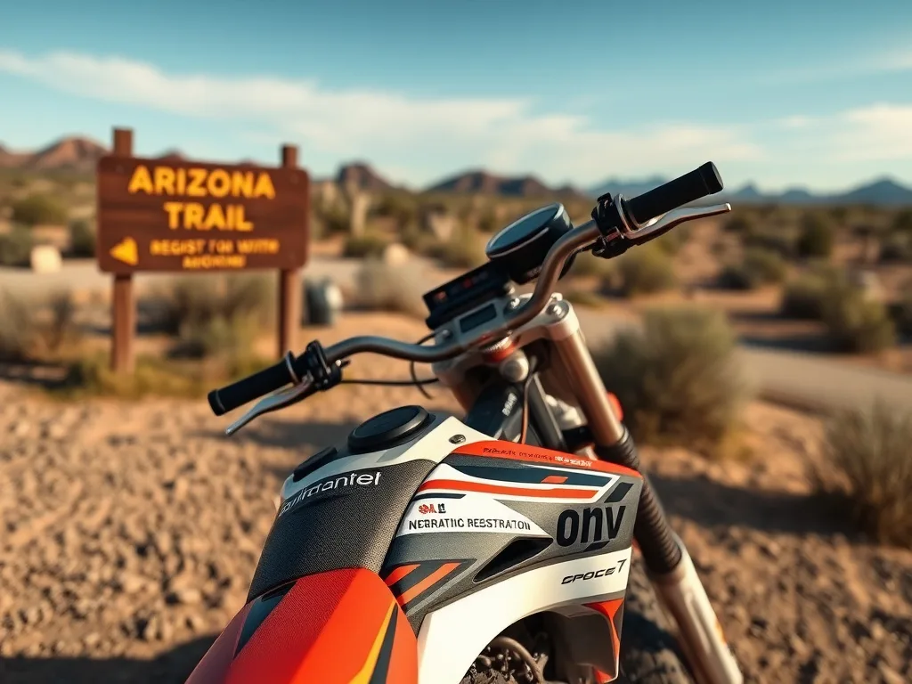 Dirt bike with an OHV registration sticker parked at an Arizona trailhead with a wooden trail sign and desert landscape