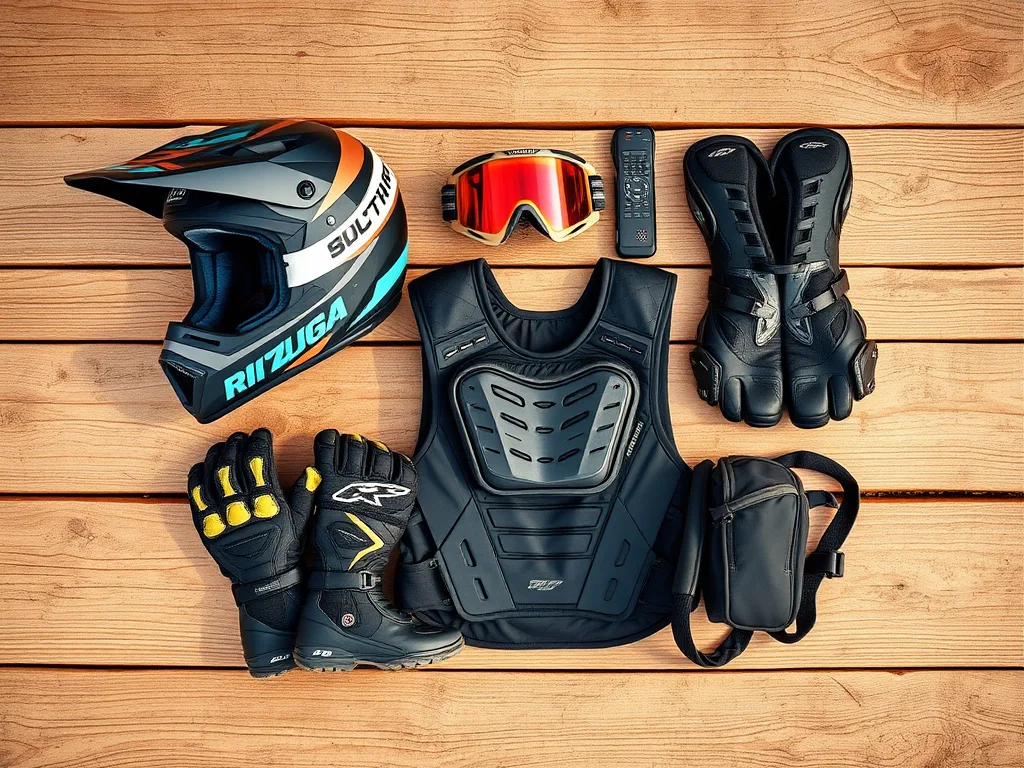 Dirt bike riding gear laid out on wood: full-face motocross helmet, goggles, boots, gloves, chest protector and hydration pack