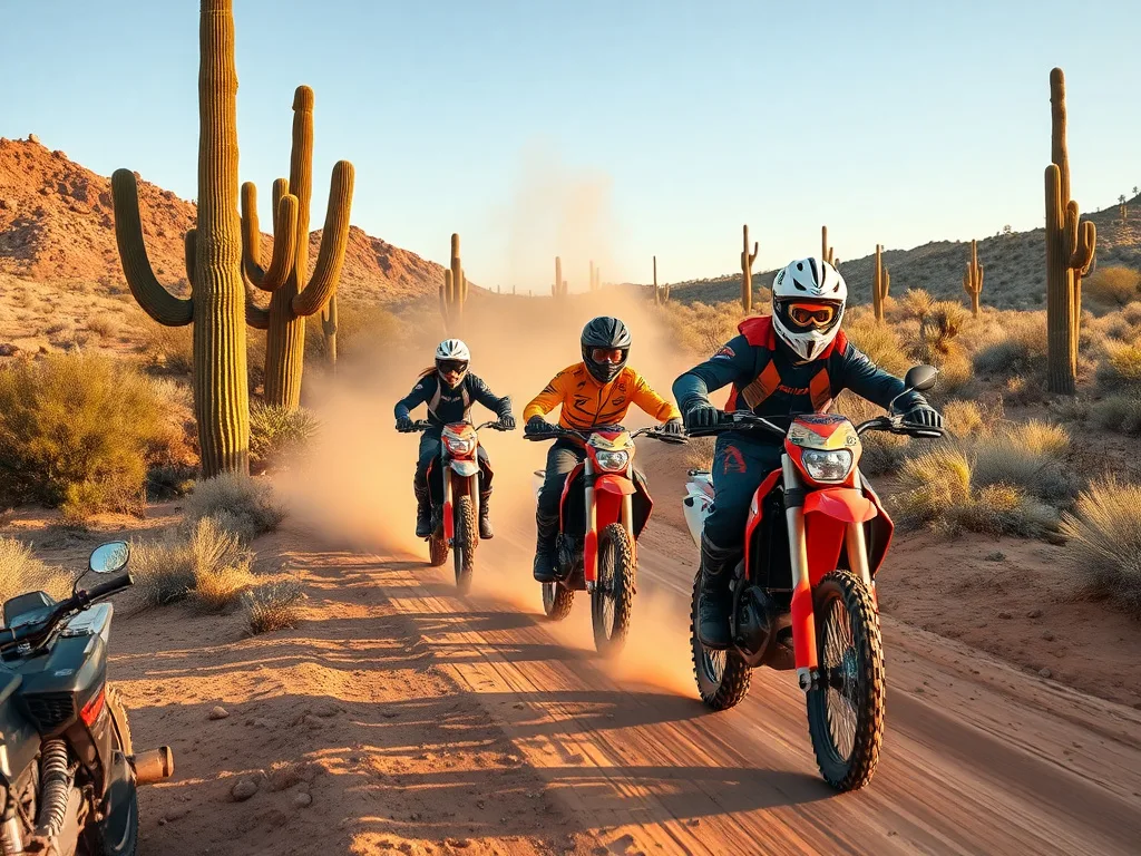 Group of dirt bike riders on a guided tour riding single file through the Arizona Sonoran desert
