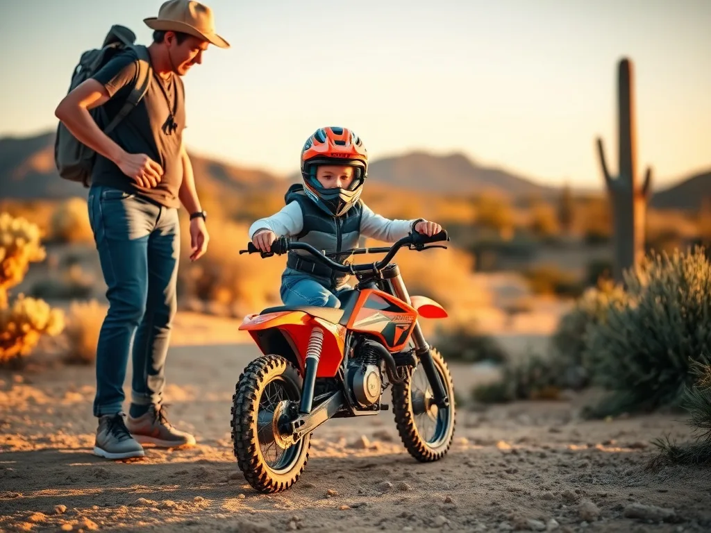 Young kid on a small beginner dirt bike wearing full safety gear with a parent guiding nearby on a gentle Arizona desert trail