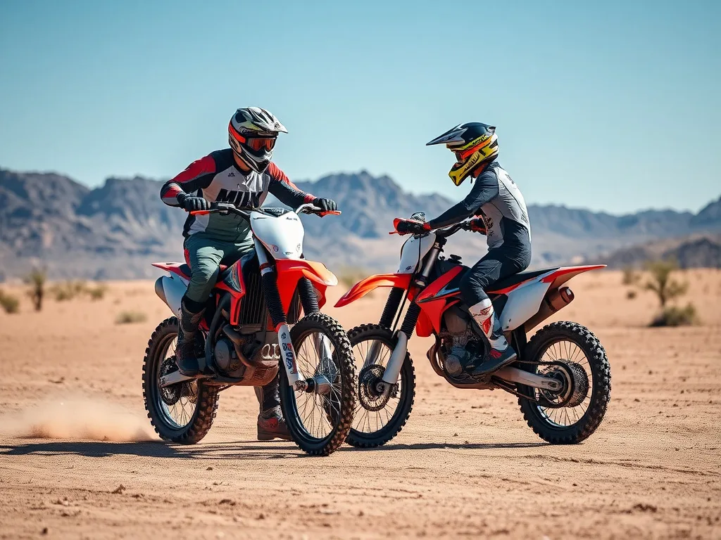 Dirt bike riding instructor coaching a beginner rider on a flat open desert training area in Arizona