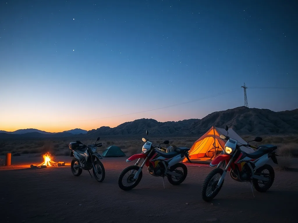 Dirt bikes parked at a backcountry desert camp at dusk in Arizona with a campfire glow and star-filled sky
