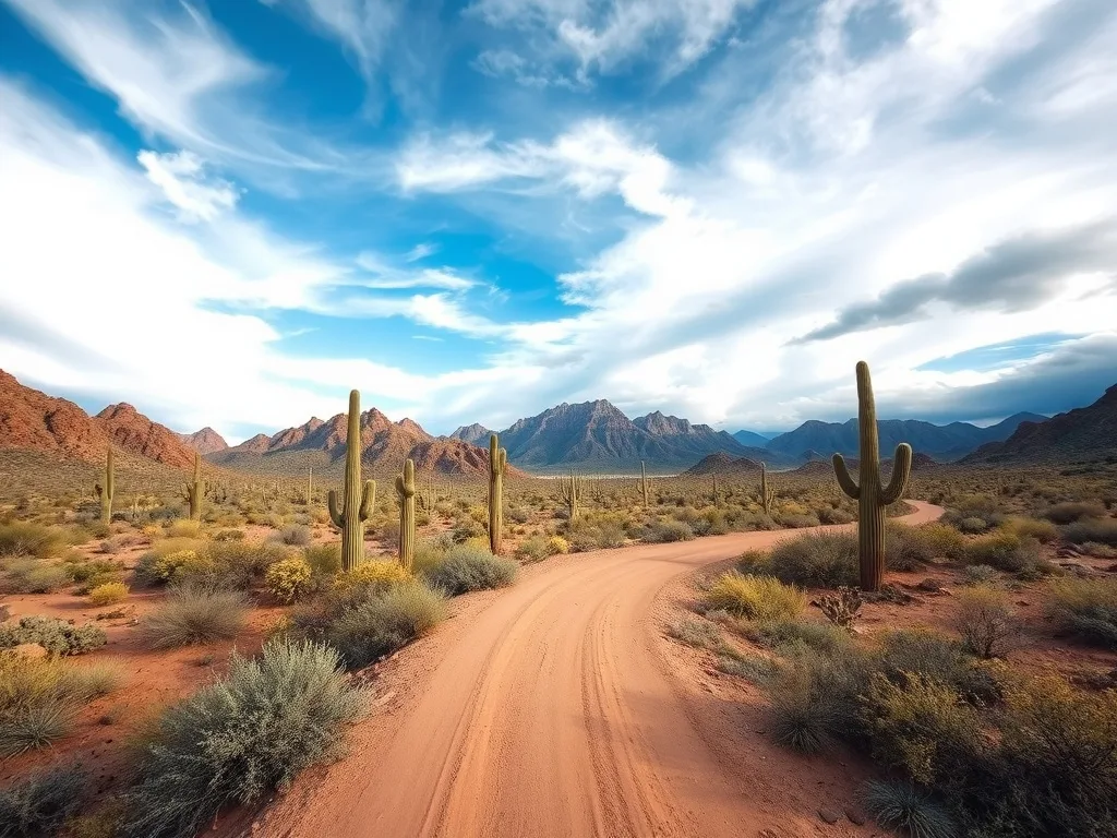 Winding OHV dirt trail cutting through the rugged Arizona desert with mountains and saguaros