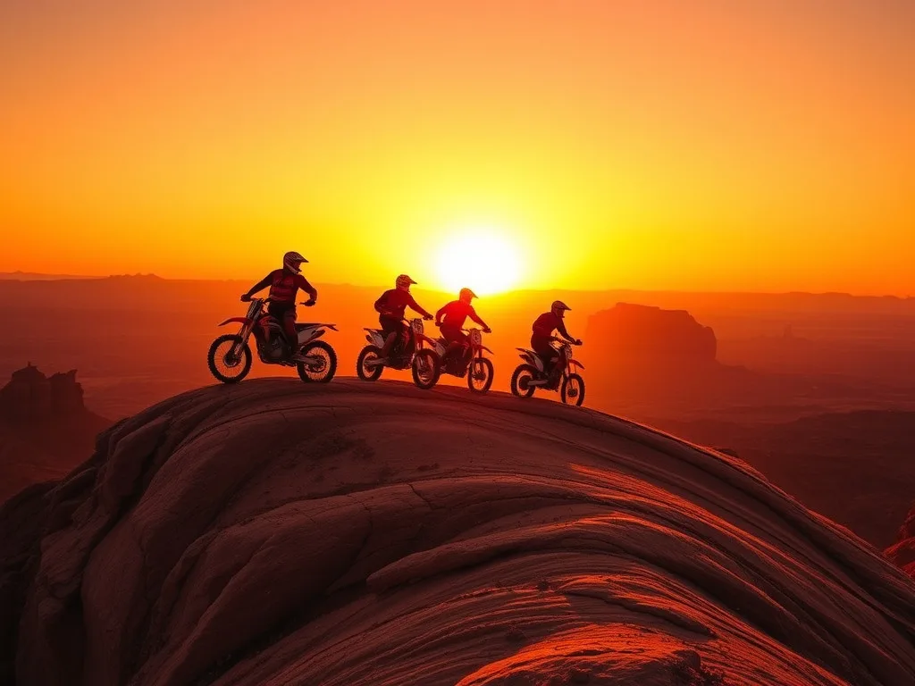 Small group of dirt bike riders cresting a desert ridge at sunset in Arizona